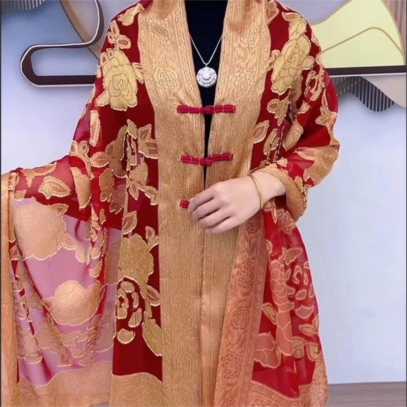 新款时尚气质新中式百搭优雅牡丹花190*70CM手工剪花提花盘扣披肩