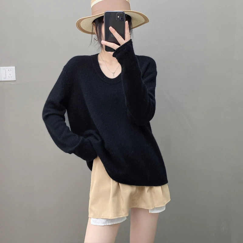 高端羊绒衫女加厚u领针织衫平面宽松长袖套头毛衣慵懒羊毛打底衫