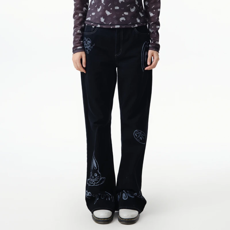 MOVEUP幻走2025春季新款.FUN 撞钉印花设计师休闲直筒裤325120135