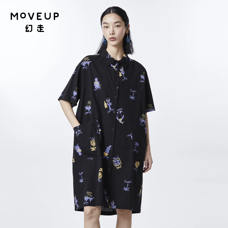 MOVEUP幻走2023夏季新款.FUN系列 印花大贴袋长款衬衫女323220448