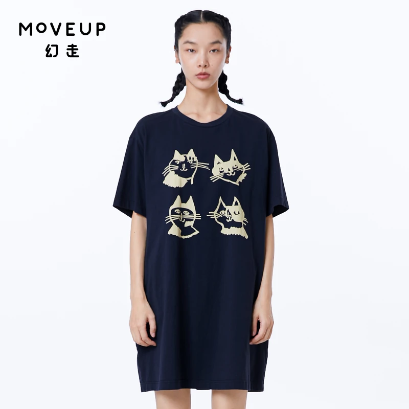 MOVEUP幻走2023夏季新款.FUN系列 印花口袋中长款T恤女323210521