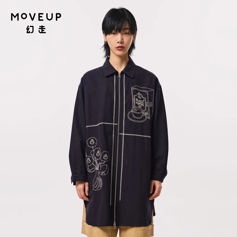 MOVEUP幻走秋季新款.FUN系列 绣花双头拉链中长款外套女323320709