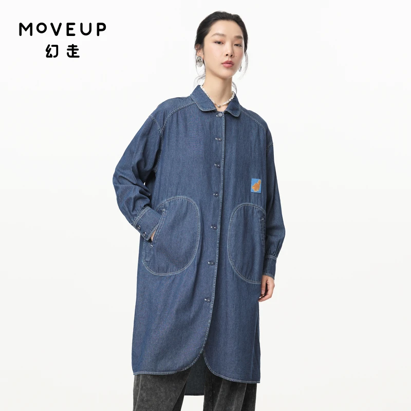 MOVEUP幻走2024秋季新款.FUN圆角翻领绣花长款衬衫女324340406