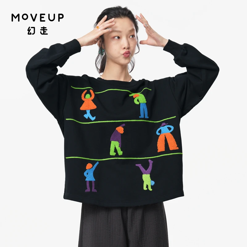 MOVEUP幻走2024秋季新款.FUN 趣味绣花小落肩短款卫衣女324310507