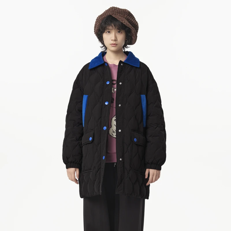 MOVEUP幻走2024冬季新款.FUN 撞色灯芯绒中长款羽绒服女324421216