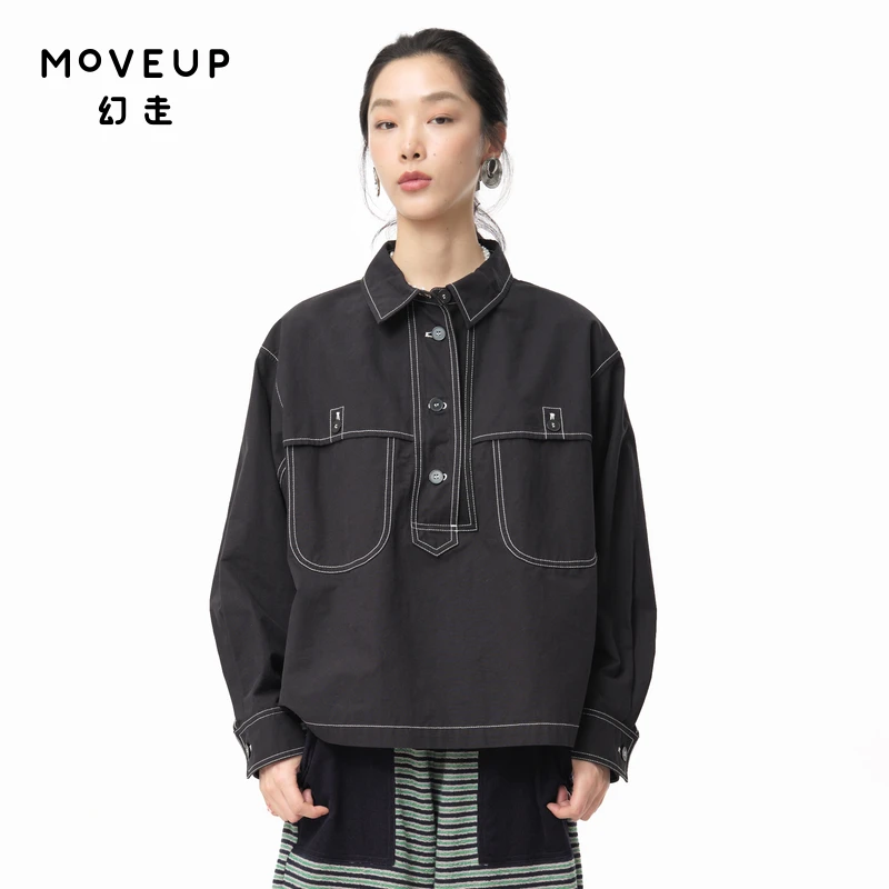 MOVEUP幻走2024秋季新款.FUN 纯棉撞色布口袋短款衬衫女324320421