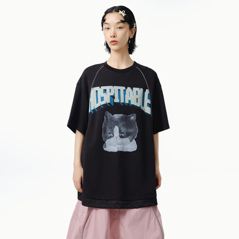 MOVEUP幻走2025春季新款.FUN 圆领印花拼接中长款T恤女325110543