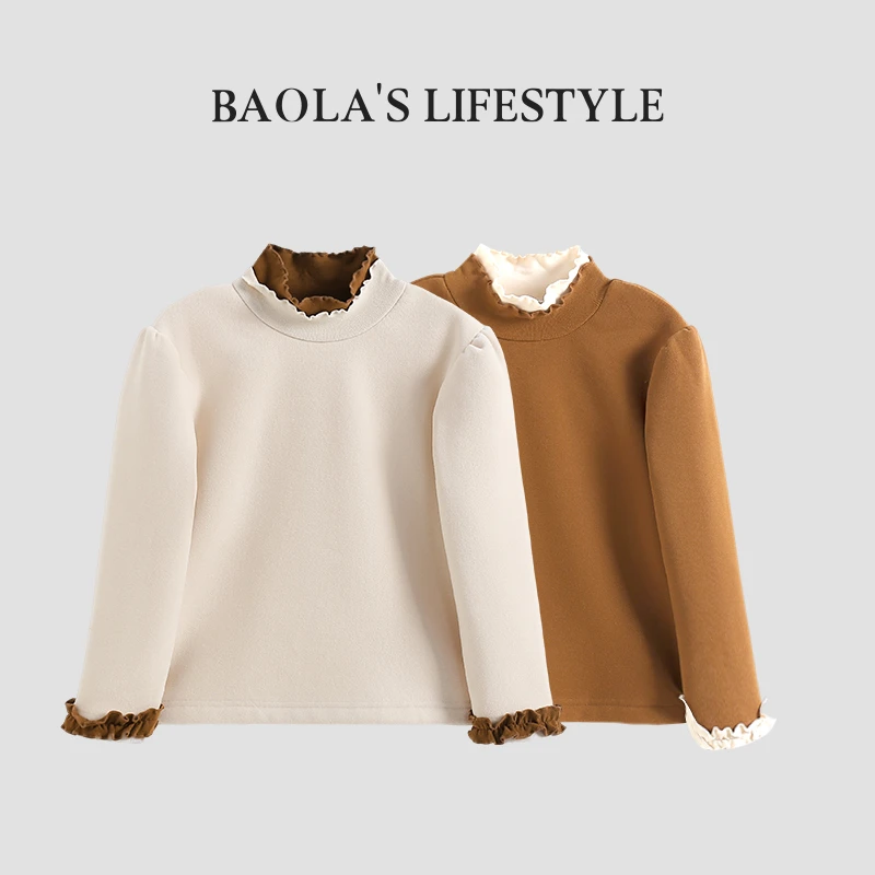 断码清仓【高定】韩系复古秋季女童百搭半高领加绒花边打底衫-HD306