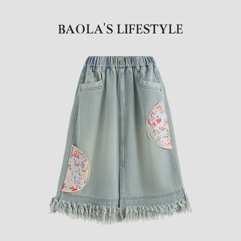 兰玉庭【高定】亲子国风复古春季女童气质百搭牛仔半身裙-LC262