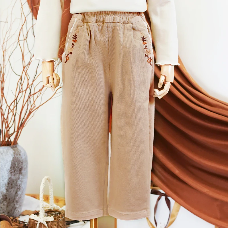 【栗子酱】韩系复古秋冬女童刺绣绣花纯色宽松休闲裤长裤-LQ321