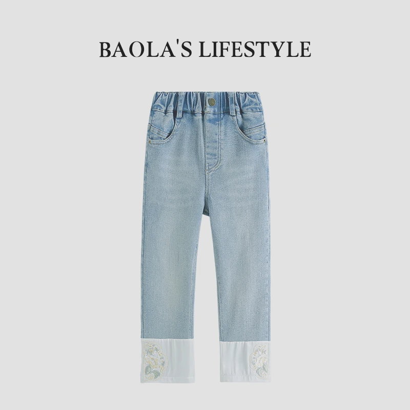 清水韵【高定】亲子国风简约春季女童时尚国风直筒卷边牛仔裤-LC156