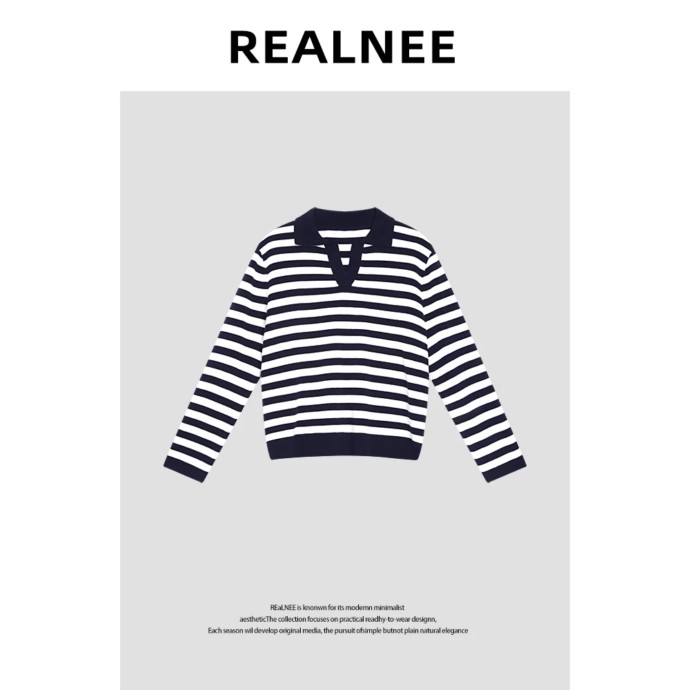 【岚纹】“澳Y毛毛衣”经典百搭蓝白条纹翻领长袖毛衣RLMMY4MY08403