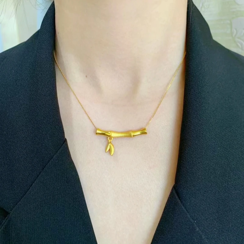 竹节弯管黄金项链女999足金节节高升吊坠挂坠细款锁骨链送女友