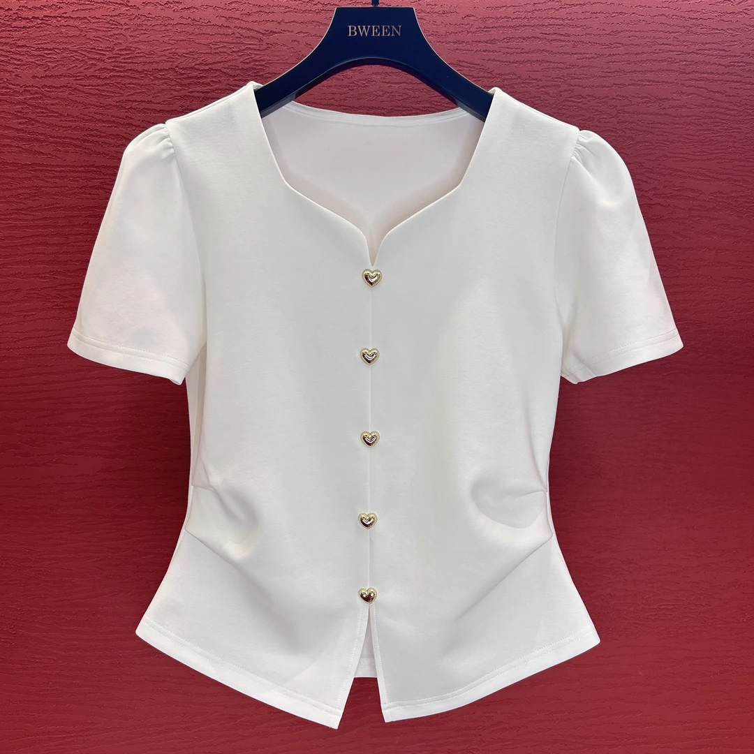 【爱心扣】24年夏季新款假开衫收腰时尚气质百搭女士显瘦短袖T恤