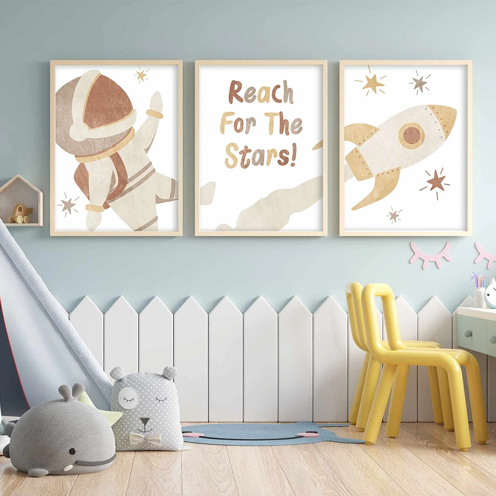 幼儿园卧室空间儿童房墙壁艺术套装装饰画宇航员太空中性版画挂画