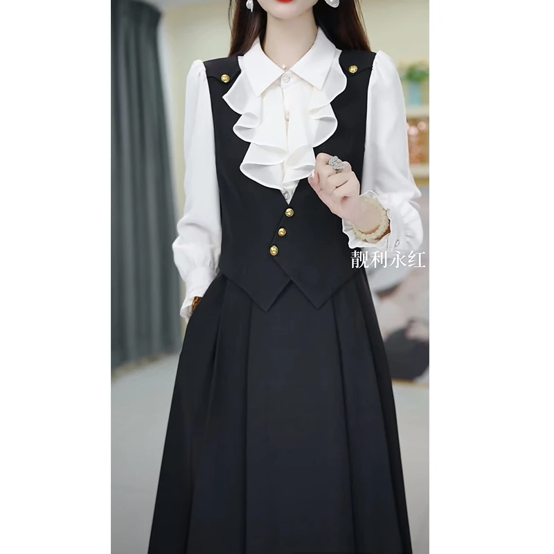 靓丽永红假两件法式气质连衣裙子女士春秋季新款中长遮肚减龄洋气