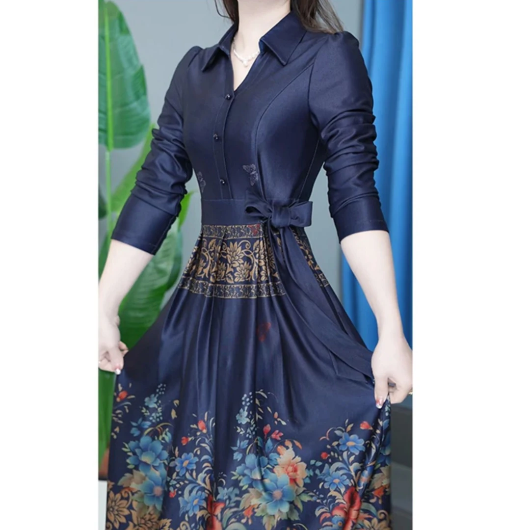 梦莎姿精致长袖连衣裙2024女新款春季韩版polo领收腰大摆印花裙子