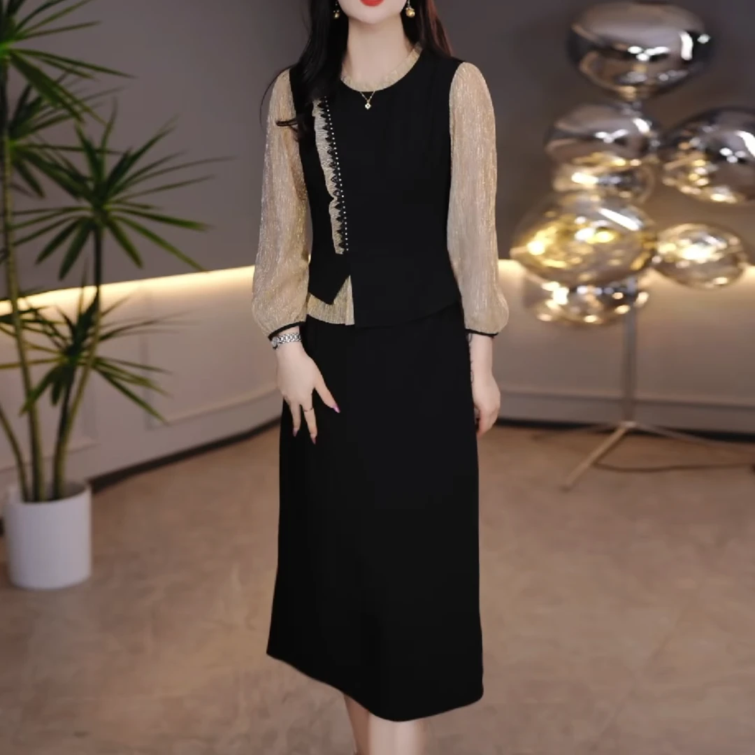 妈妈长袖连衣裙女春秋2024新款女神范显瘦减龄气质显瘦假两件裙子