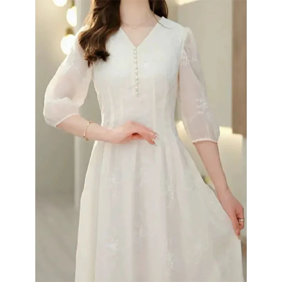 阳光水晶纱洋气优雅公主风2024春夏新款简约时尚甜美中长款连衣裙