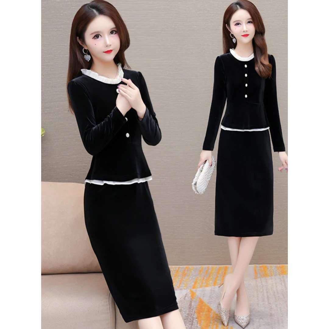 时尚拼接连衣裙女2024新款春季韩版长袖花边领洋气妈妈装包臀裙子