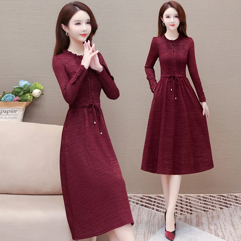 气质长袖连衣裙女秋冬2023新款冬天高档妈妈收腰时尚配大衣长裙子