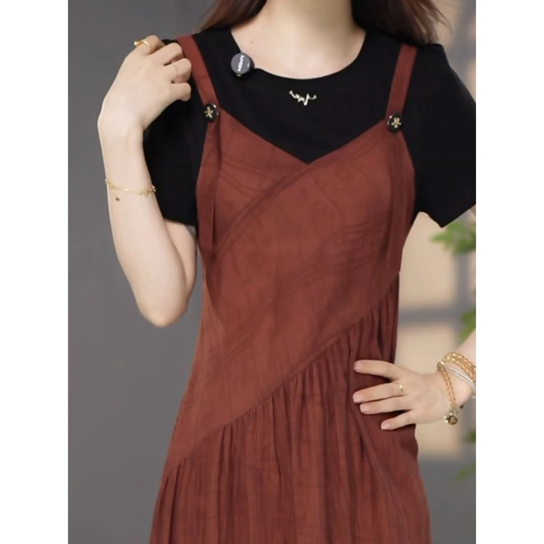 时尚高级显瘦气质洋气假俩件礼服2024夏季新款吊带设计感连衣裙