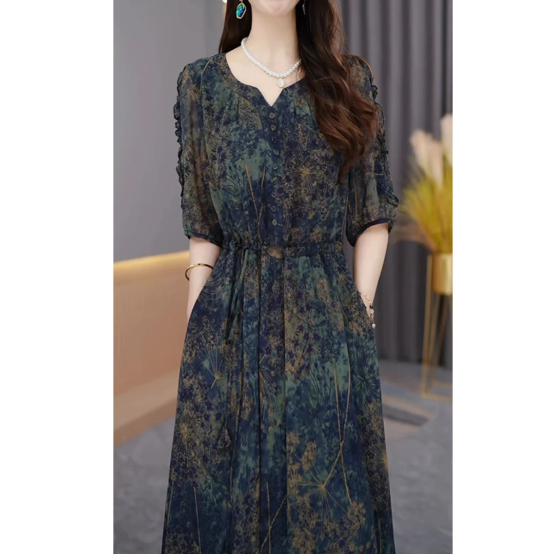 复古气质五分中袖印花中年妈妈连衣裙女夏季新款中长出游服装女