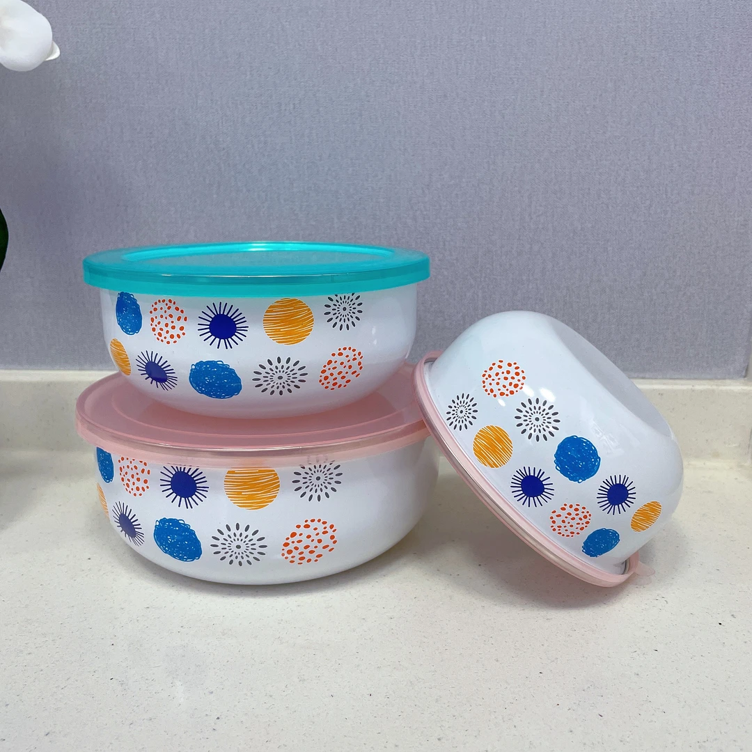 12-16cm 冰碗三件套搪瓷冰碗带盖加厚密封保鲜盒套装多样生活