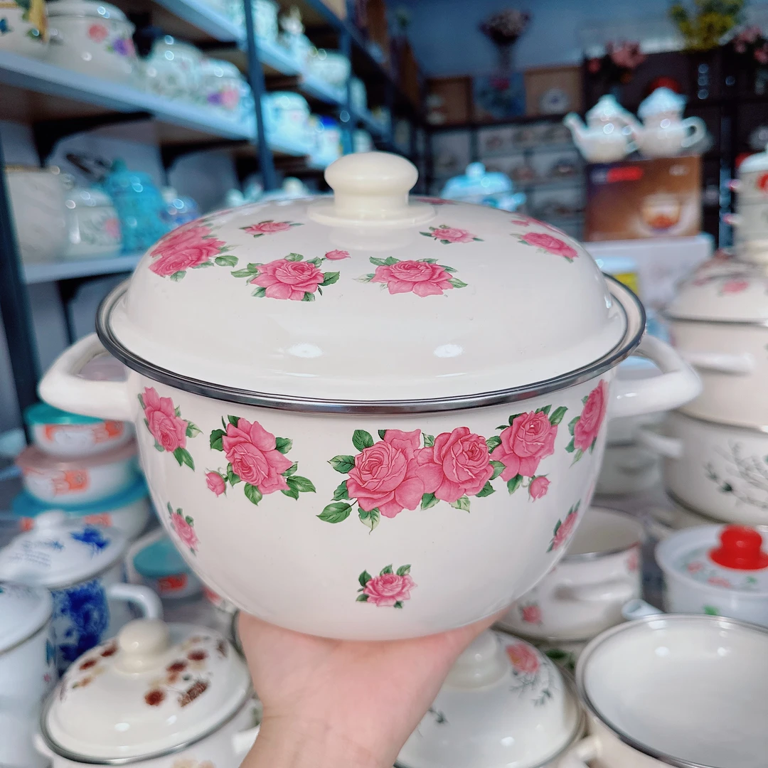 24cm搪瓷锅珐琅锅炖锅煲汤锅奶锅胖锅花开富贵