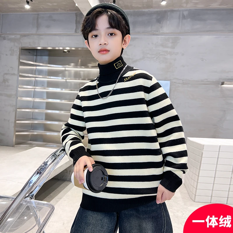 男童加厚一体绒毛衣新款秋冬款冬季条纹打底衫潮【奇斯熊】C3315