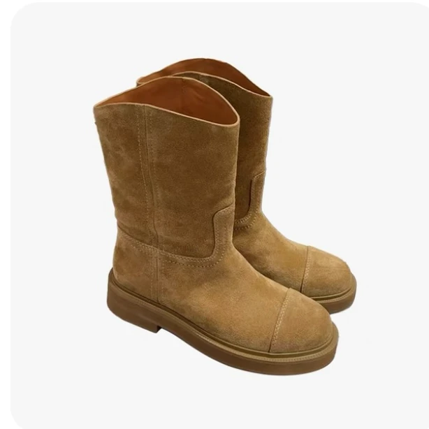 RANRAN套筒骑士靴女2024年新款英伦风厚底增高中筒靴真皮烟筒女靴