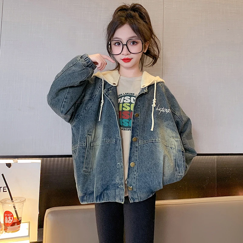 女童连帽牛仔外套春秋款2023新款儿童秋装夹棉加厚深秋女大童上衣