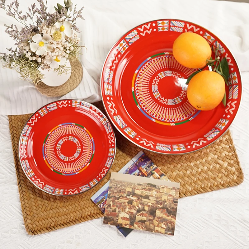 中式龙凤结婚喜庆红色琅搪瓷金边大号餐盘菜盘大盘鸡盘34cm茶盘