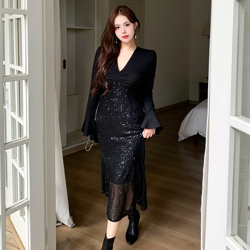 黑色晚礼服裙高端轻奢高级感大码胖MM年会连衣裙收腰胖mm连衣裙