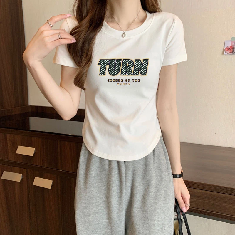 短款t恤女士圆领高腰短袖学生上衣服女2025年 夏季新款女装潮显瘦