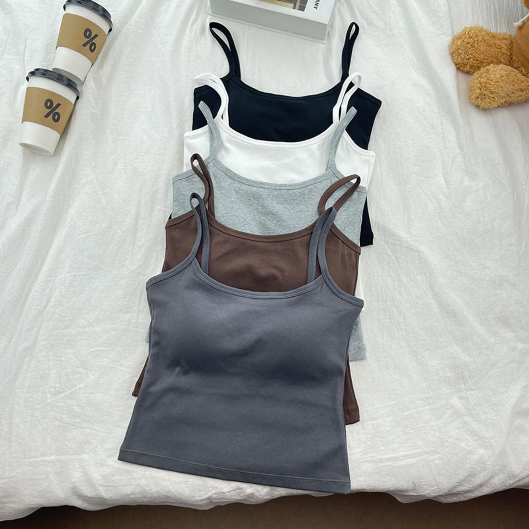 韩版一字美背吊带背心女带胸垫百搭小众外穿修身显瘦运动打底上衣