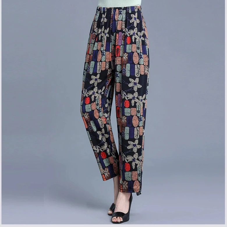 新花裤夏季中老年高腰弹力潮流百搭休闲大码妈妈裤宽松薄款哈伦裤