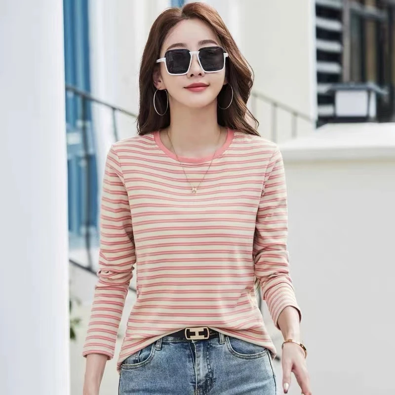 撞色圆领打底衫上衣条纹休闲百搭长袖t恤