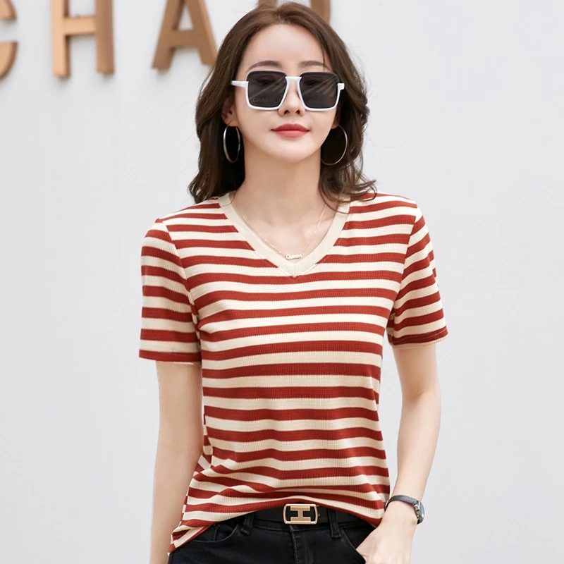 【V领短袖397#】宽松遮肚显身材撞色条纹上衣大气百搭4色7码可选