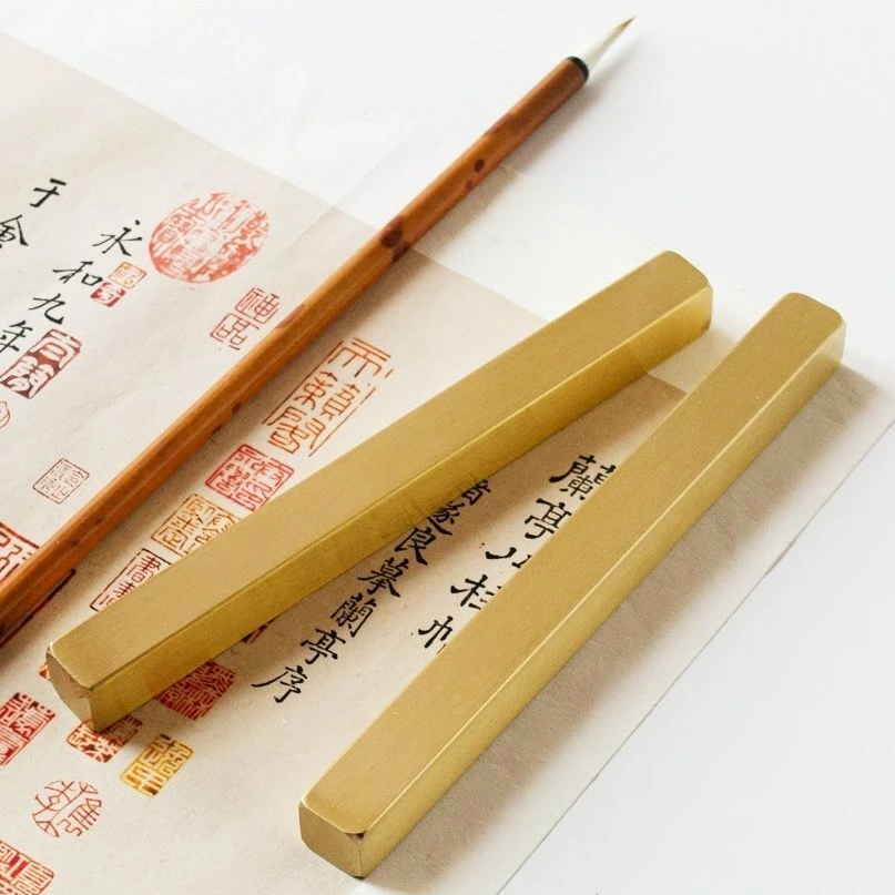 文房书法定制雕刻字黄铜镇尺镇纸实压尺文房四宝纸镇纯铜笔搁压纸