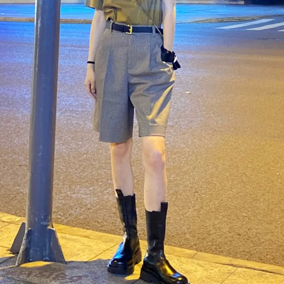 GIRDEAR/哥弟复古格纹气质百搭休闲五分裤1100411-4K10243-001