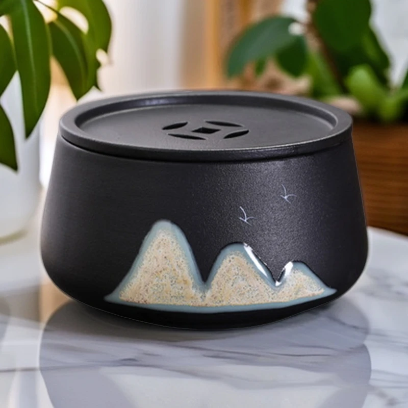 手绘远山陶瓷茶洗茶斗家用带盖禅意茶渣缸黑陶茶渣缸功夫茶具配件