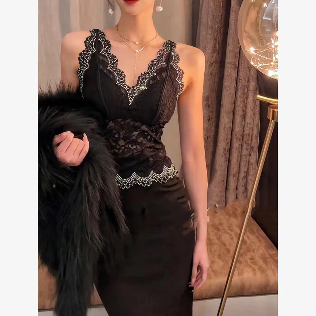 枫枫家 迷人小仙女甜辣吊带背心套装蕾丝网红时尚法式女装轻奢