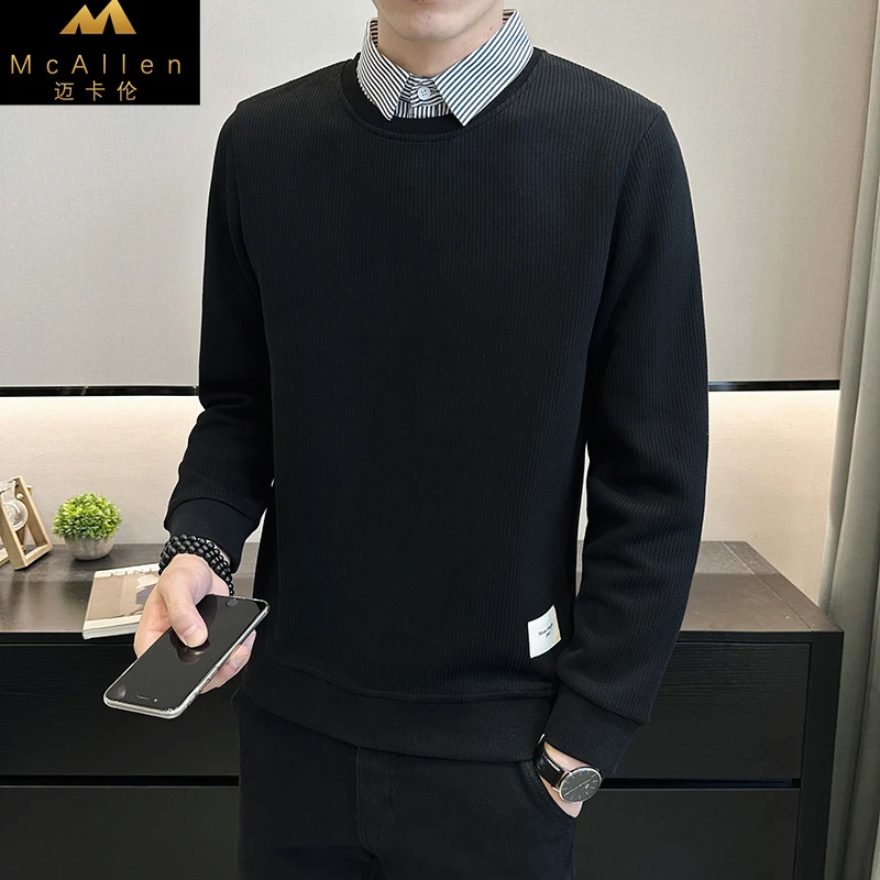 高品质轻奢男装立体坑条卫衣假两件商务休闲衬衫领拼接春秋男上衣