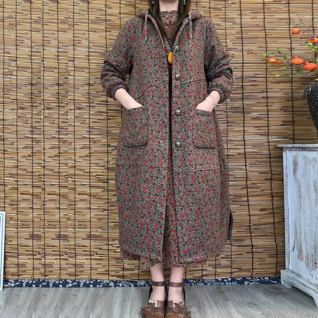 【慕朵恋原创】8210冬季款加绒加厚休闲连帽保暖棉麻风衣外套碎花