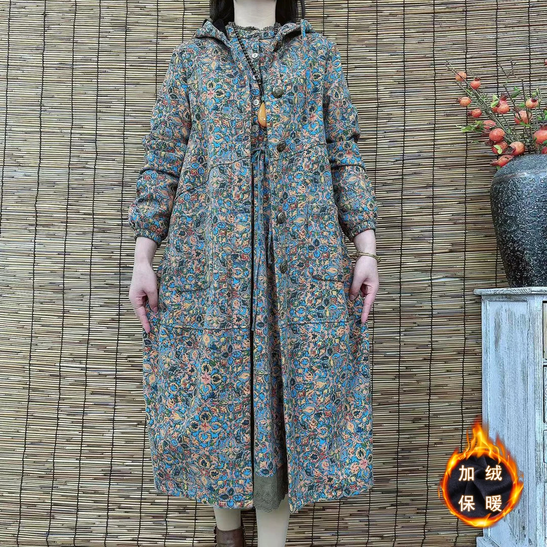 8129冬季款加绒休闲加厚连帽保暖棉麻风衣加绒外套