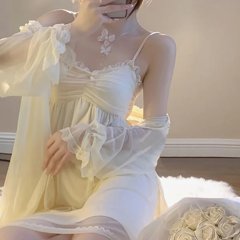 【仙女裙】纯欲风睡裙女夏季新款睡袍带胸垫网纱性感蕾丝睡衣套装