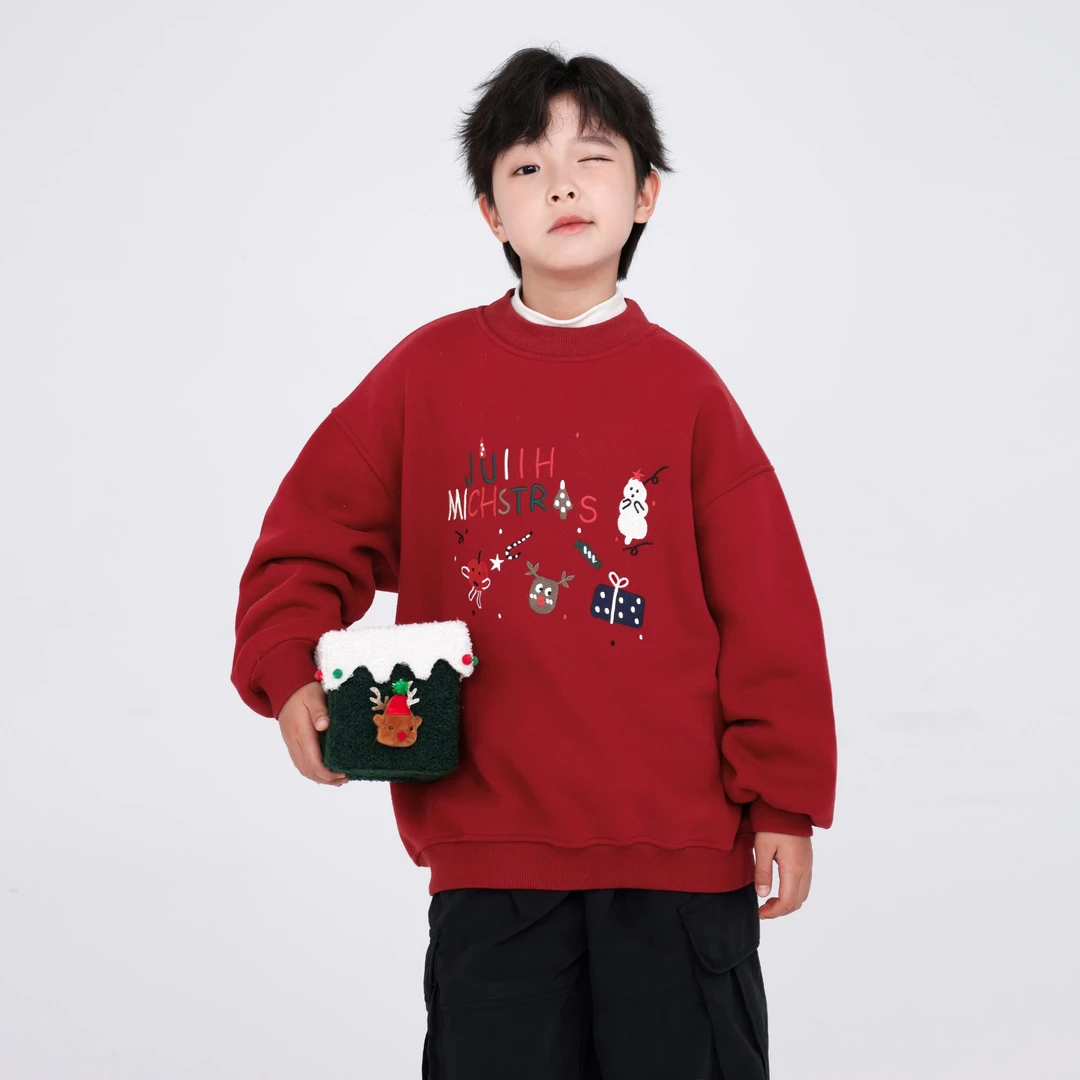 男童女童2025新款加绒卫衣秋冬款宽松百搭圆领圣诞新年红色儿童