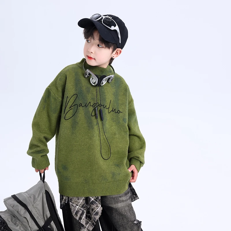 【现货现发】男童潮牌2025新款半高领宽松毛衣儿童秋冬针织衫卫衣潮