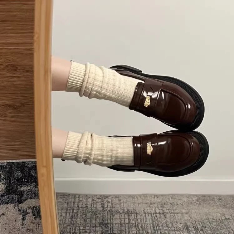 法式复古棕色一脚蹬厚底高跟小皮鞋女2024新款百搭粗跟金币乐福鞋